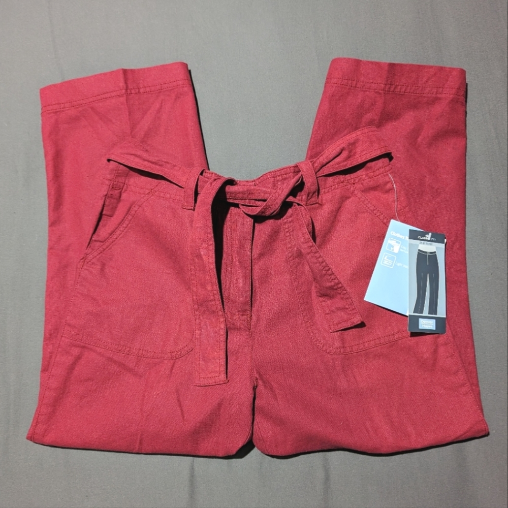 NWT Denver Hayes Women's Red Linen cropped pants size 4 Tie up waist band